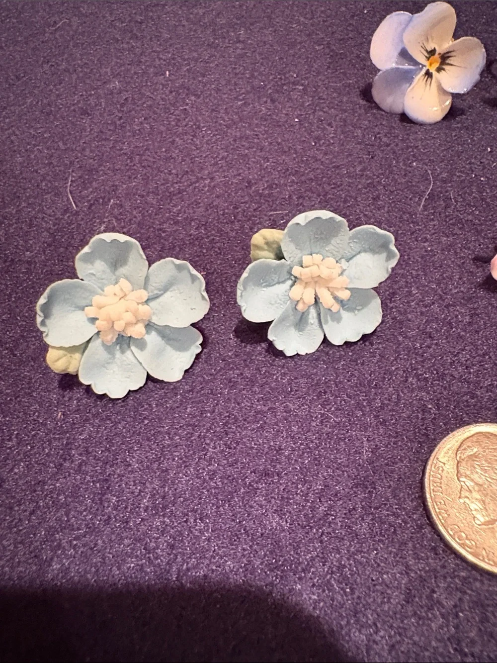 Vintage porcelain Flower clip and stud Earrings - Blue and Pink Floral Set